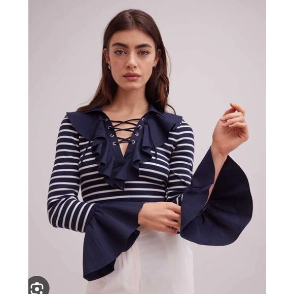 Anne Fontaine Coquillage Striped Bell-Sleeve Ruffle Top - Picture 16 of 16